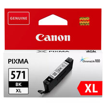 Canon CLI-571 XL Blækpatron Sort i rød/hvid æske med Genuine label, ChromaLife100 logo og billede af patronen foran.