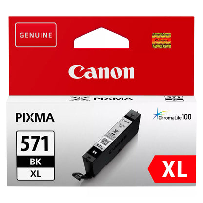 Canon CLI-571 XL Blækpatron Sort i rød/hvid æske med Genuine label, ChromaLife100 logo og billede af patronen foran.