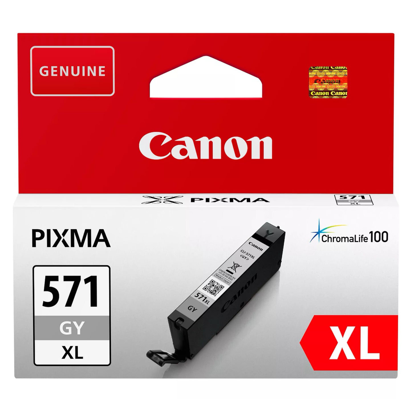 Canon CLI-571 XL blækpatron grå i rød emballage med modelnummer og ChromaLife100-logo, billede af patronen.