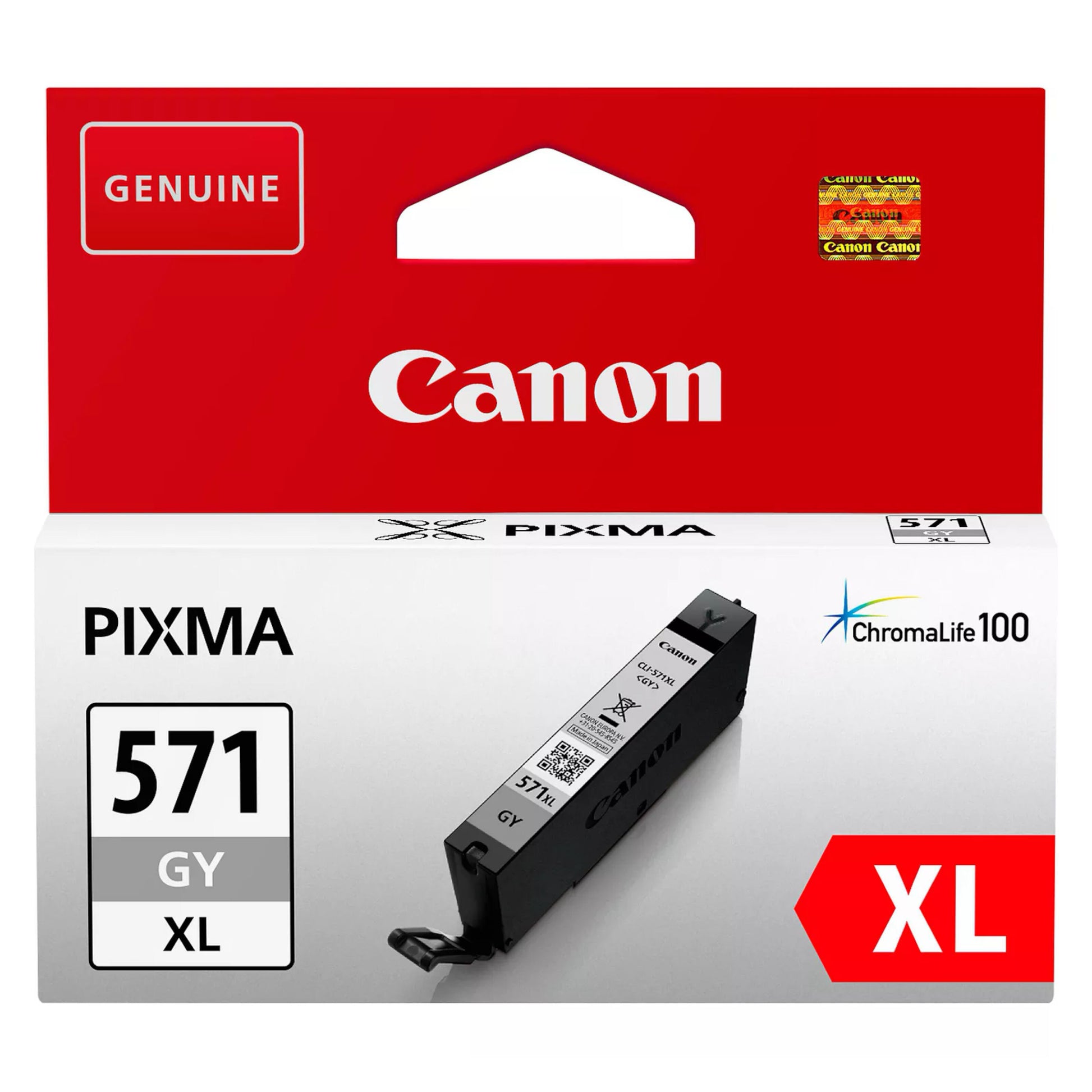 Canon CLI-571 XL blækpatron grå i rød emballage med modelnummer og ChromaLife100-logo, billede af patronen.