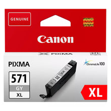Canon CLI-571 XL blækpatron grå i rød emballage med modelnummer og ChromaLife100-logo, billede af patronen.