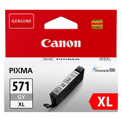 Canon CLI-571 XL blækpatron grå i rød emballage med modelnummer og ChromaLife100-logo, billede af patronen.