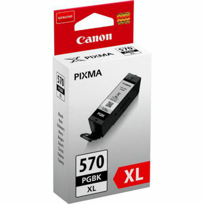 Canon PGI-570PGBK XL sort blækpatron i æske med Canon-logo, billede af patronen, rødt XL-mærke og Genuine-label.