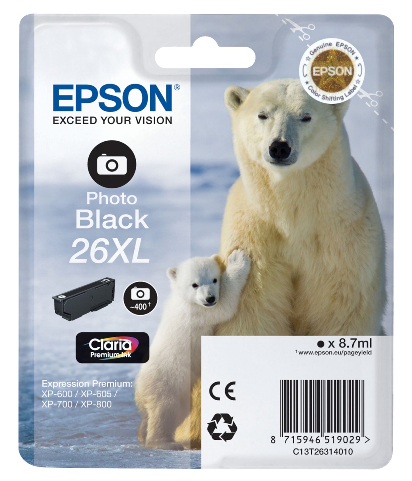 Epson T2631 XL blækpatron fotosort i original emballage med isbjørn motiv og Epson T2631 XL kompatibilitet vist.