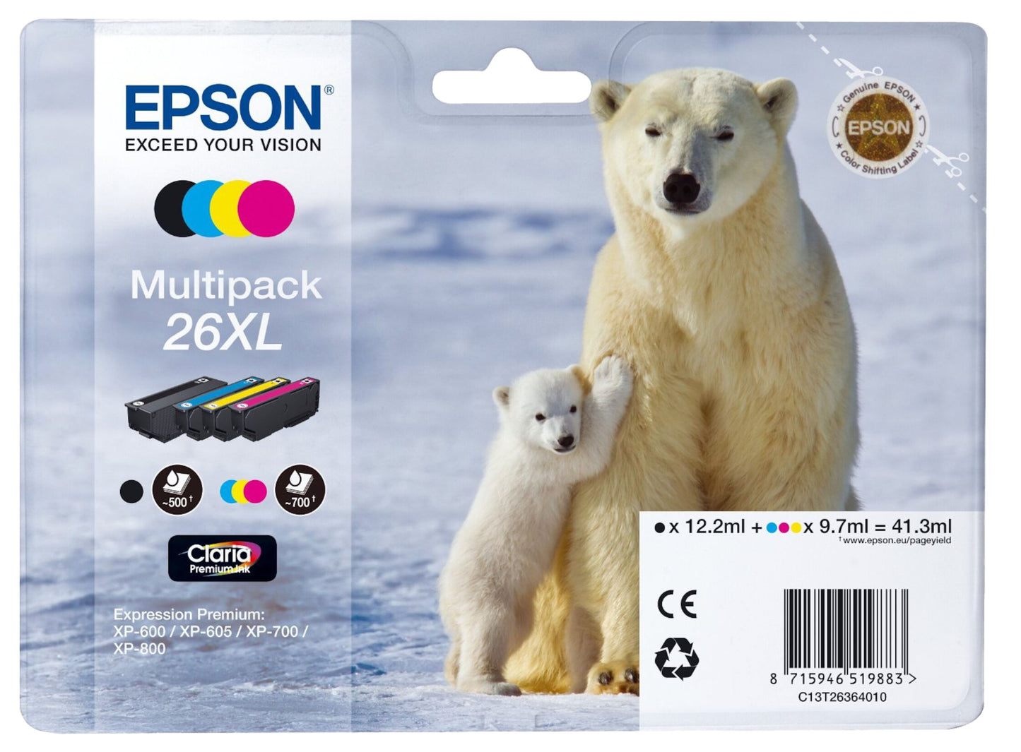 Epson T2636 XL blækpatroner 4-pak emballage med isbjørn og unge, originale multipakke patroner vist til venstre.