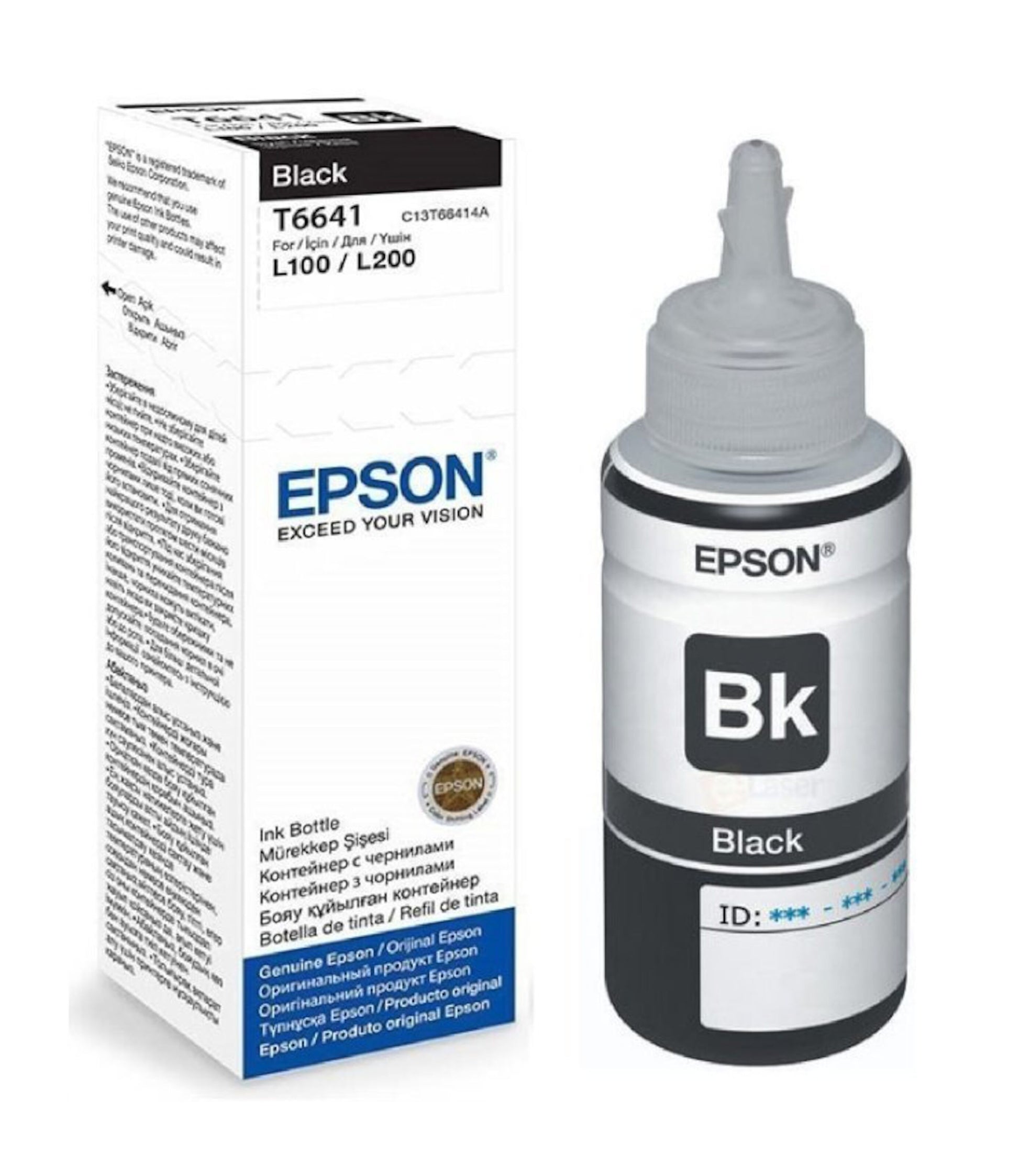Epson T6641 sort blækpatron til L100/L200 med Epson-logo på patron og æske samt praktisk påfyldningshætte.