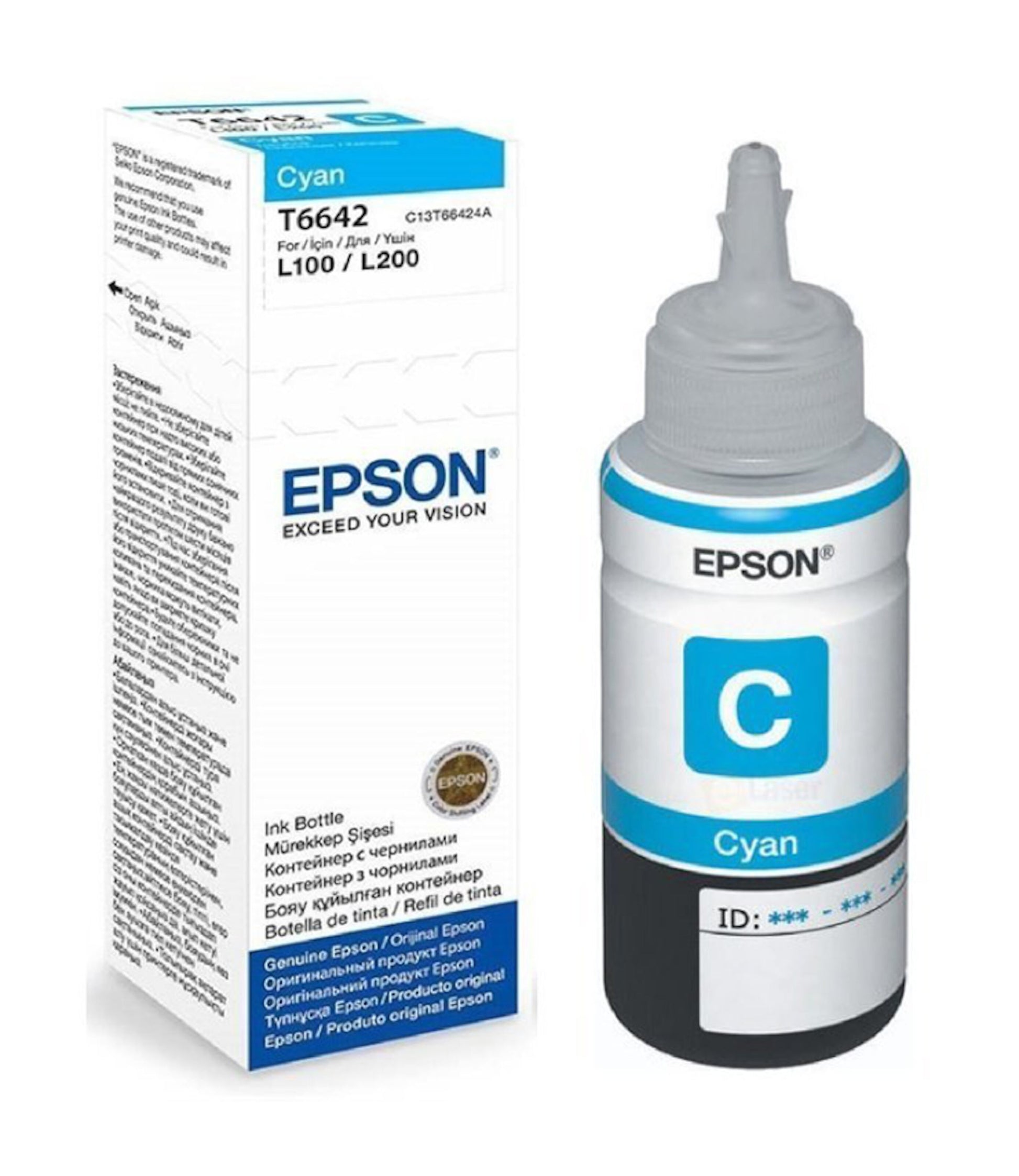 Epson T6642 blækpatron cyan, blå label med stort C og Cyan-tekst, hvid æske med blå skrift.