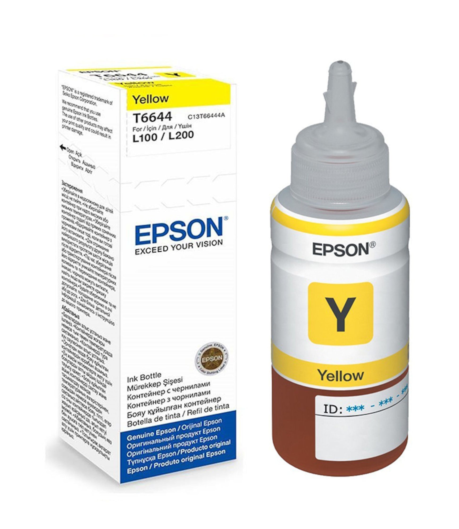 Epson T6644 blækpatron gul med spids tud og emballage, begge markeret "Yellow", til EcoTank.