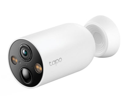 TP-Link Tapo C425 sæt med 4 batteridrevne cylinderformede sikkerhedskameraer sort front linse sensorer væg/loftmontering.
