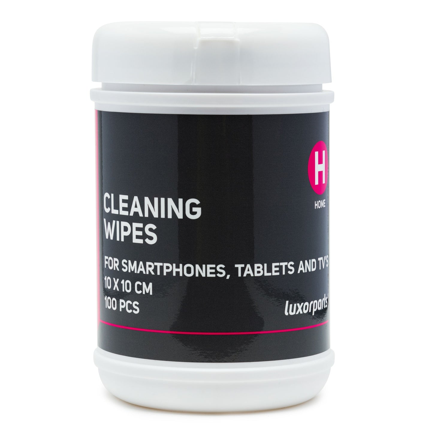 Luxorparts vådservietter 100-pak, hvid beholder, sort og pink label, alkoholfrie 10x10 cm til smartphones/tablets/TV.