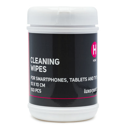 Luxorparts vådservietter 100-pak, hvid beholder, sort og pink label, alkoholfrie 10x10 cm til smartphones/tablets/TV.