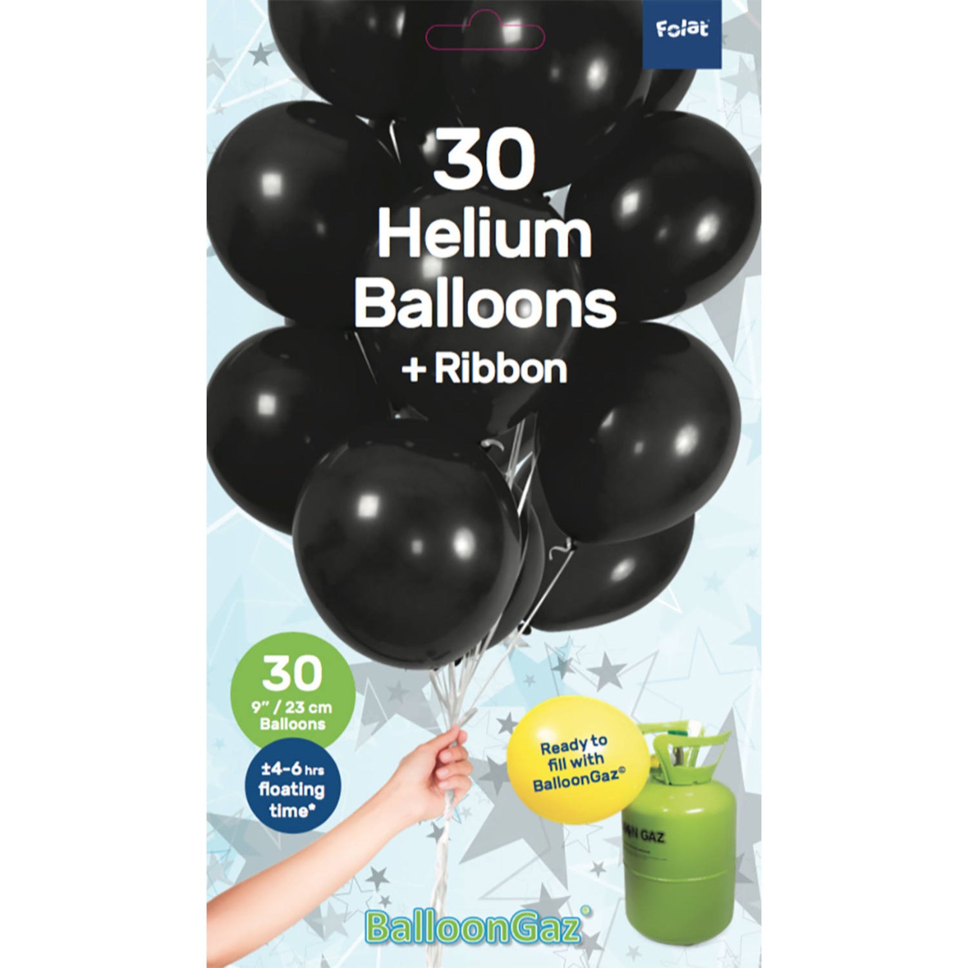 30-pak sorte latexballoner 9"/23 cm, flyvetid 4-6 timer, inkl. ballonsnor og grøn BalloonGaz heliumtank.