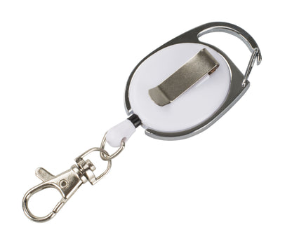 Luxorparts kortholder med jojo, oval badge reel, sølv metalclip, nøglering og karabinhage til ID-kort eller nøgler.