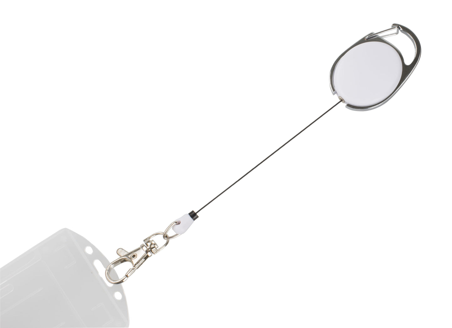 Luxorparts kortholder med sølvfarvet jojo, karabinhage, drejelig nøglering og transparent holder til ID-kort.