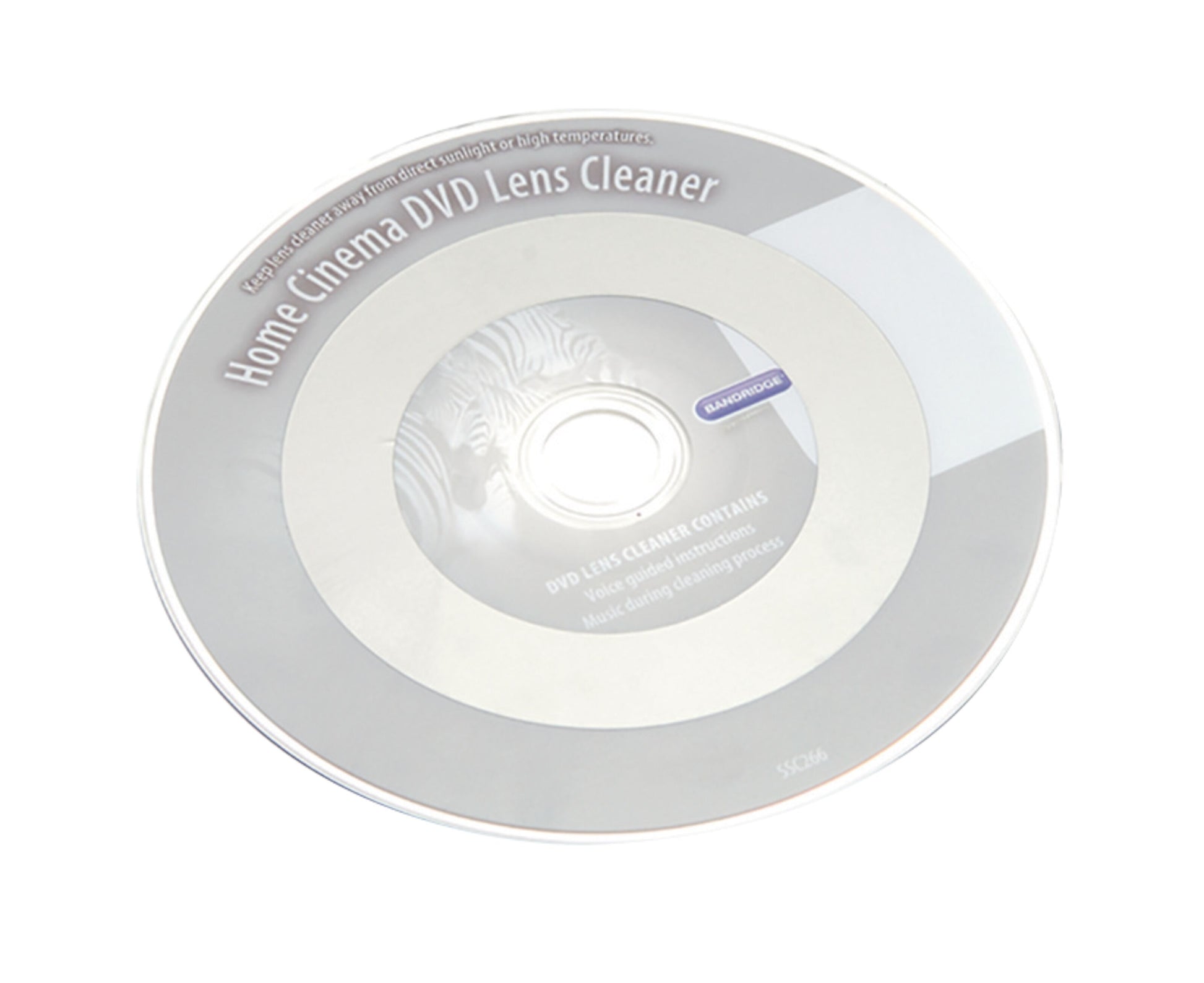Bandridge DVD-linserensning sølv rengøringsskive med trykte brugsanvisninger og advarsler til dvd-afspiller.