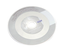 Bandridge DVD-linserensning sølv rengøringsskive med trykte brugsanvisninger og advarsler til dvd-afspiller.