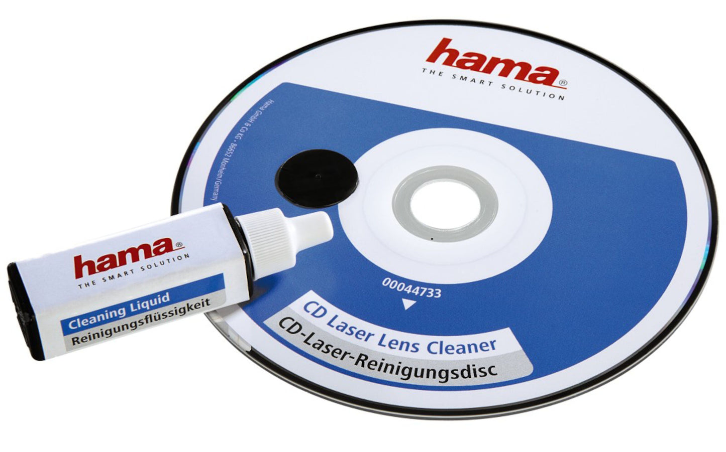 Hama CD-linserens med renseskive med engelsk og tysk tekst samt lille flaske rensevæske.