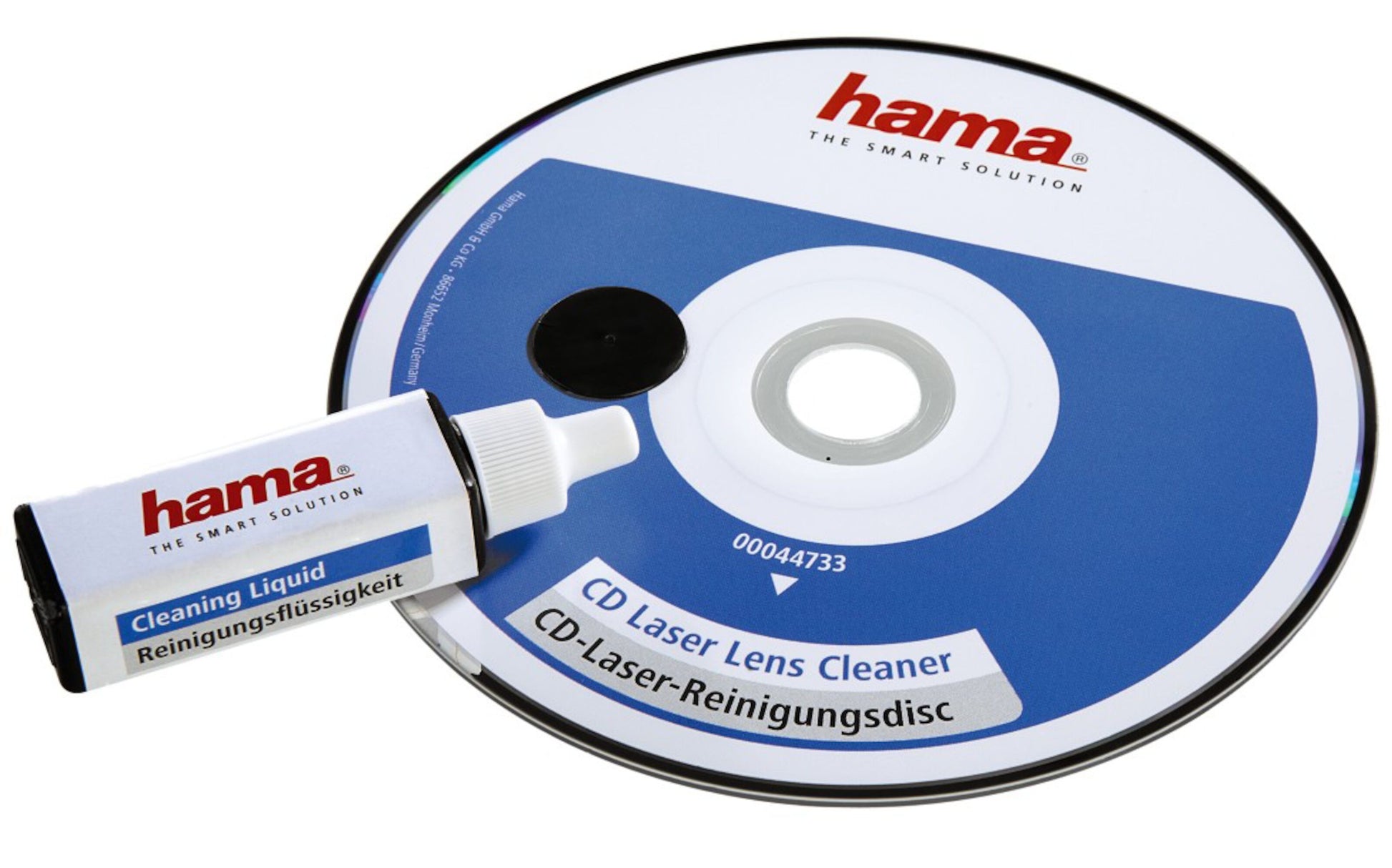 Hama CD-linserens med renseskive med engelsk og tysk tekst samt lille flaske rensevæske.