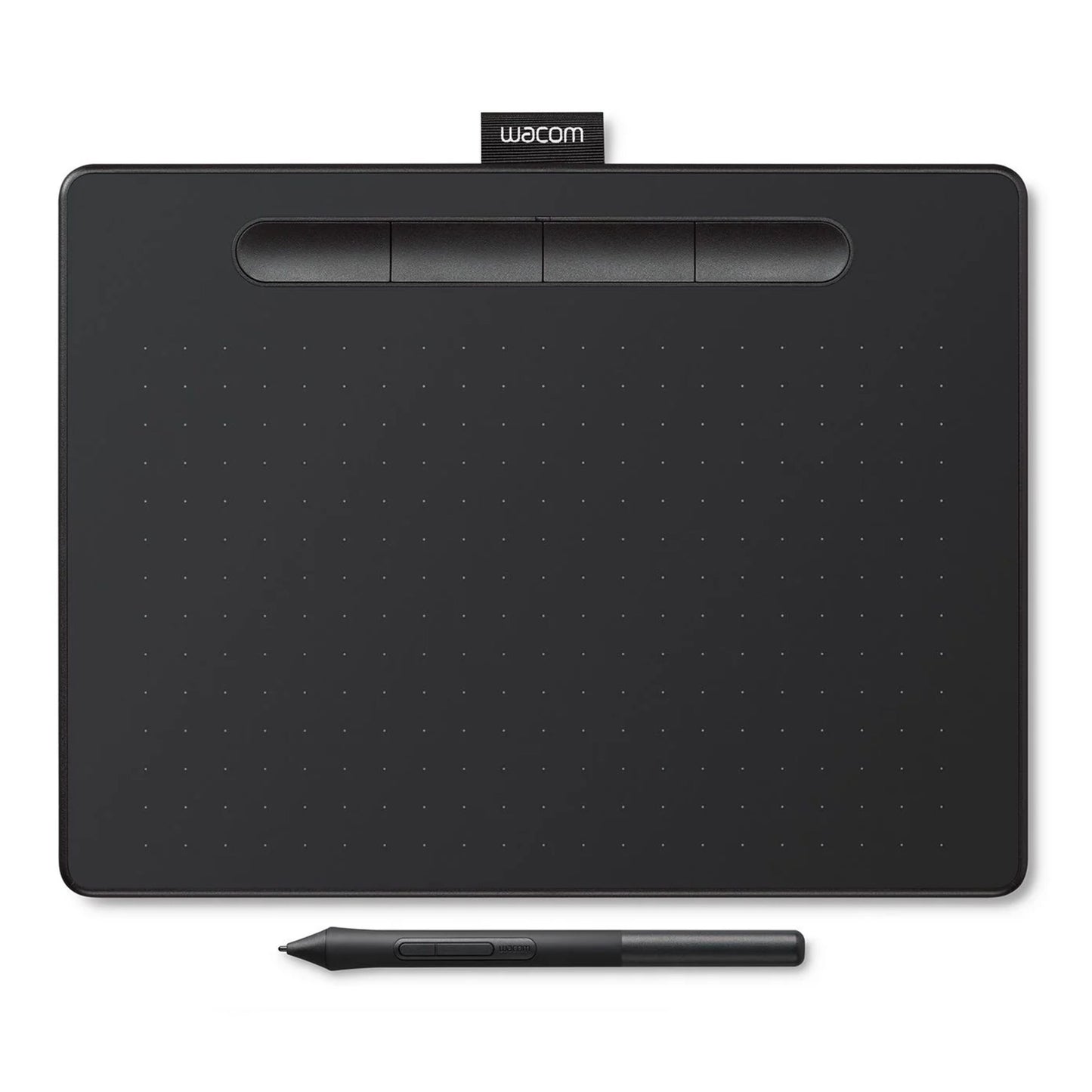 Wacom Intuos Medium tegneplade sort set oppefra med tre knapper øverst, prikket tegnflade og stylus lige under.