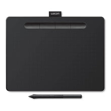 Wacom Intuos Medium tegneplade sort set oppefra med tre knapper øverst, prikket tegnflade og stylus lige under.