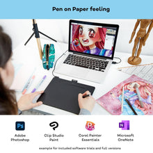 Wacom Intuos Medium tegneplade Sort tilsluttet laptop med anime-tegning, Adobe Photoshop og Clip Studio Paint logoer synlige.