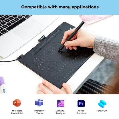 Wacom Intuos Medium tegneplade Sort tilsluttet laptop, hånd med stylus, kompatibel med PowerPoint, Teams, Adobe m.fl.