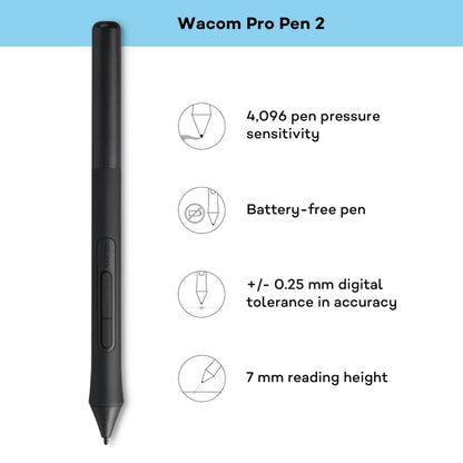 Wacom Intuos Medium tegneplade sort med Pro Pen 2, 4096 trykniveauer, batterifri, 0,25 mm præcision, 7 mm læsehøjde.