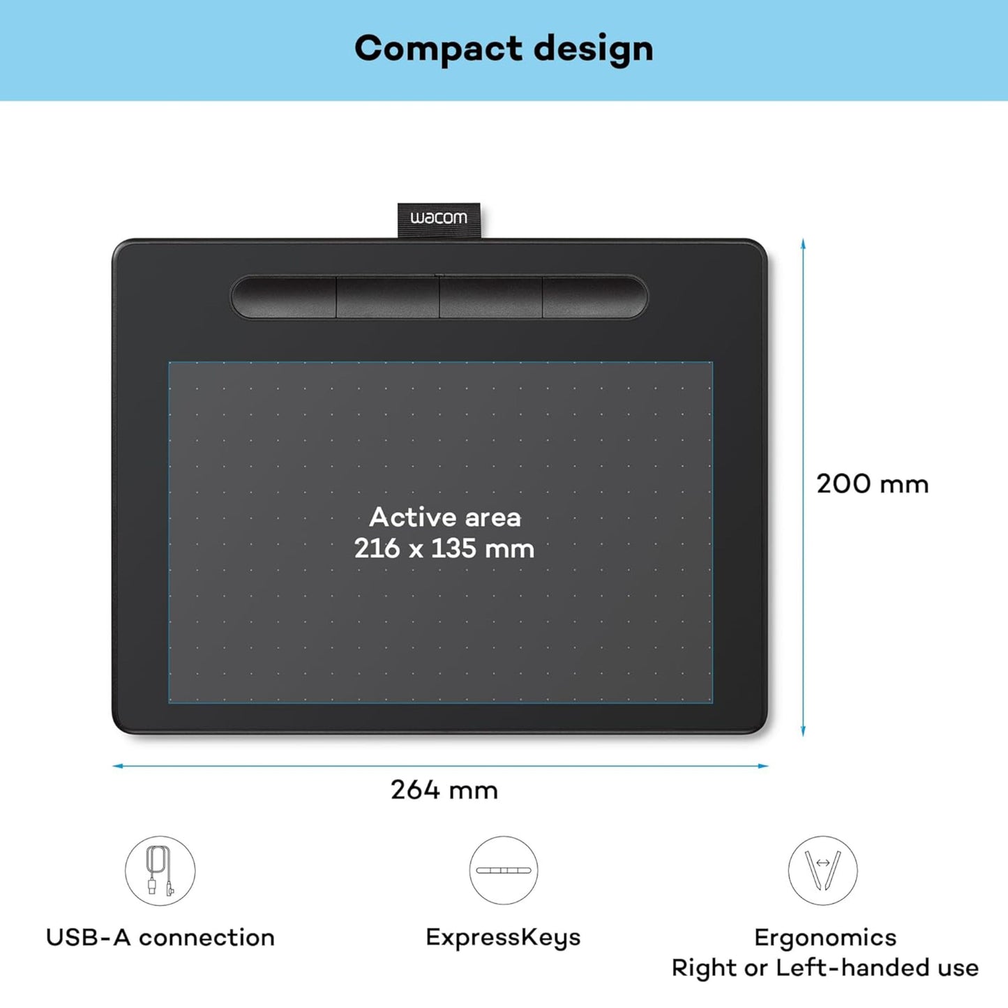 Wacom Intuos Medium tegneplade sort, aktivt område 216x135 mm, total 264x200 mm, USB-A, ExpressKeys, ergonomisk design.