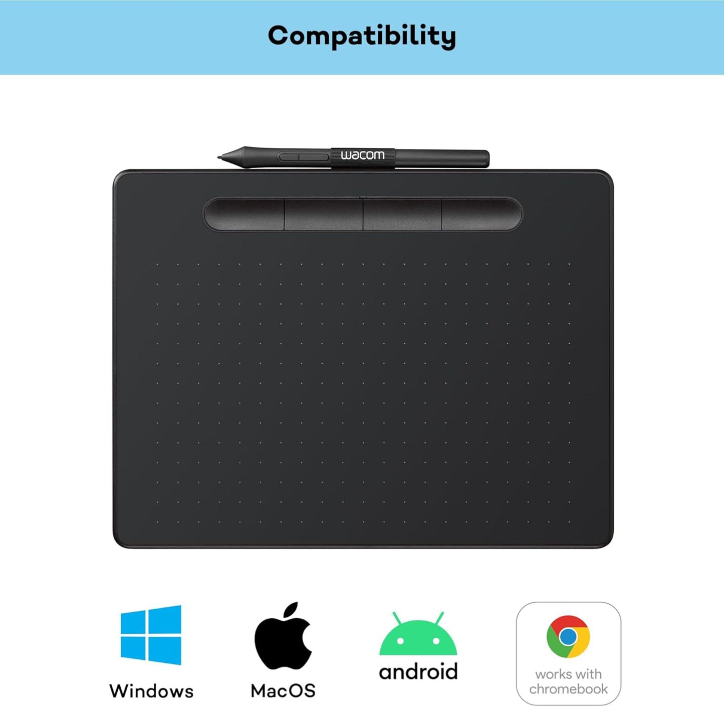 Wacom Intuos Medium tegneplade Sort med stylus ovenpå, kompatibilitetsikoner for Windows, MacOS, Android og Chromebook.