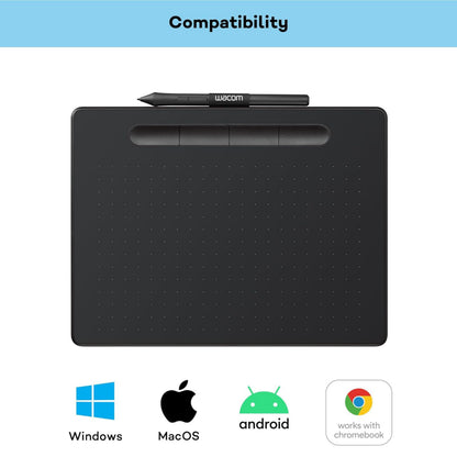 Wacom Intuos Medium tegneplade Sort med stylus ovenpå, kompatibilitetsikoner for Windows, MacOS, Android og Chromebook.