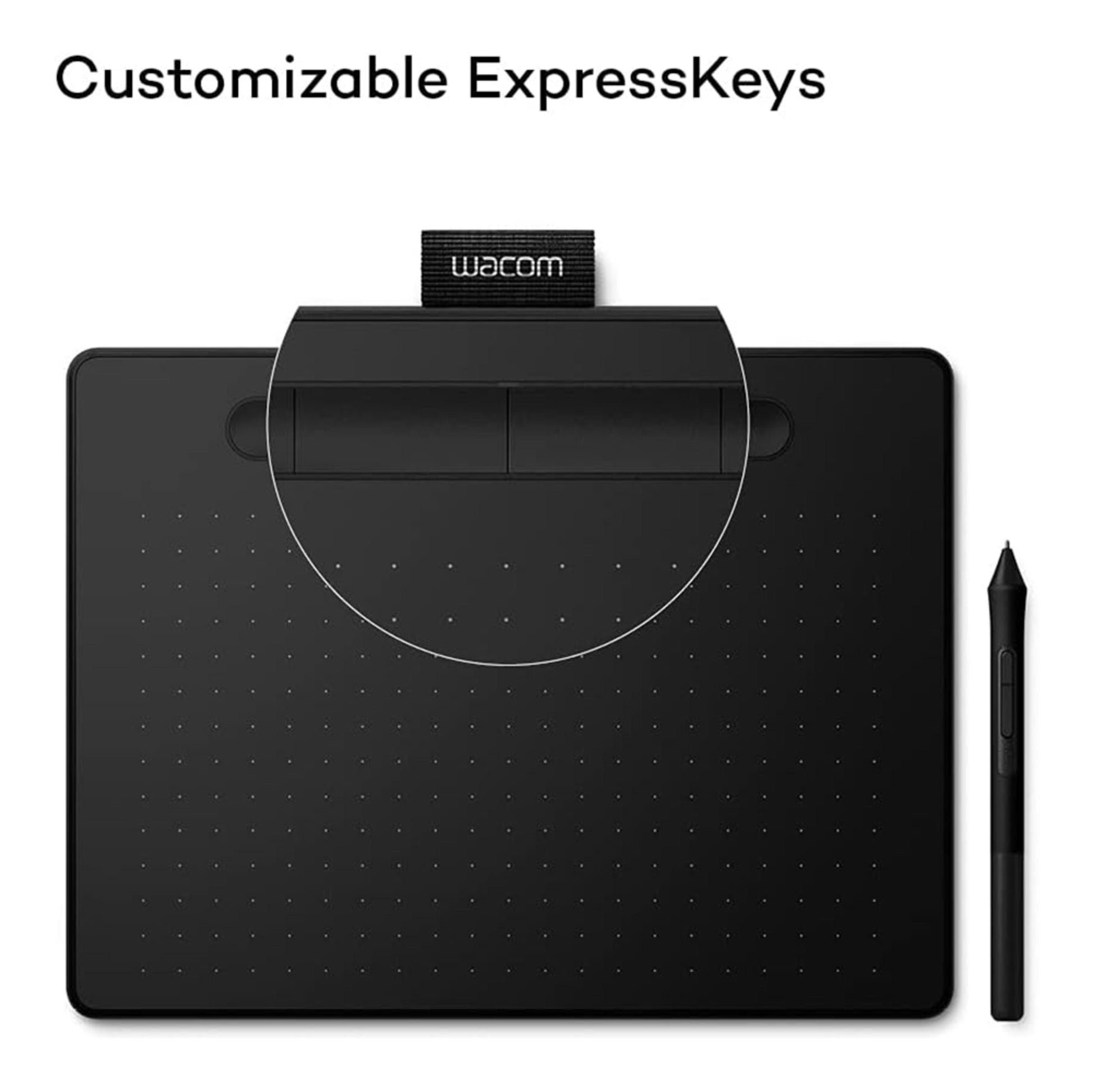 Wacom Intuos Medium tegneplade sort med pen og tydelige ExpressKeys øverst samt tekst: ExpressKeys, der kan tilpasses.