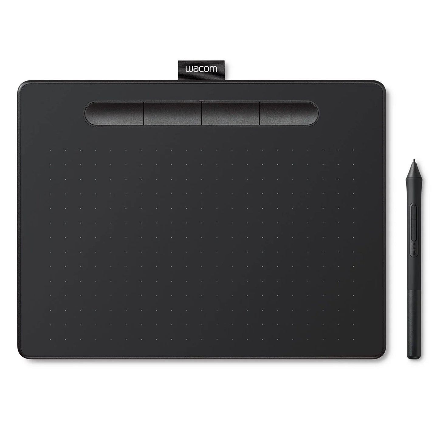 Wacom Intuos Medium tegneplade sort med fire topknapper og stylus pen placeret til højre.