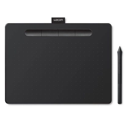 Wacom Intuos Medium tegneplade sort med fire topknapper og stylus pen placeret til højre.