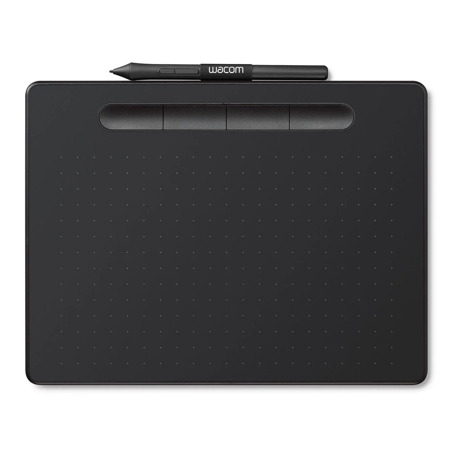 Wacom Intuos Medium tegneplade sort med prikket overflade, tre knapper øverst og stylus placeret ovenpå.