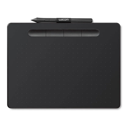 Wacom Intuos Medium tegneplade sort med prikket overflade, tre knapper øverst og stylus placeret ovenpå.