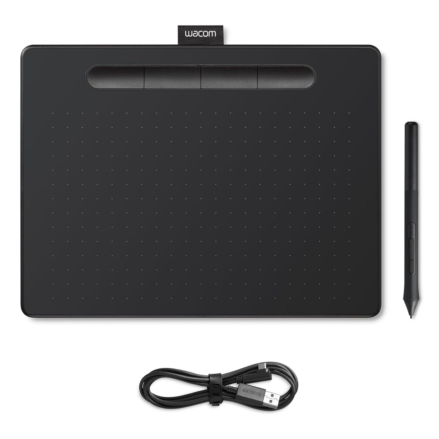 Wacom Intuos Medium tegneplade sort med tre øverste knapper, stylus til højre og spiralformet USB-kabel under.