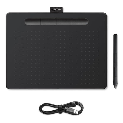 Wacom Intuos Medium tegneplade sort med tre øverste knapper, stylus til højre og spiralformet USB-kabel under.