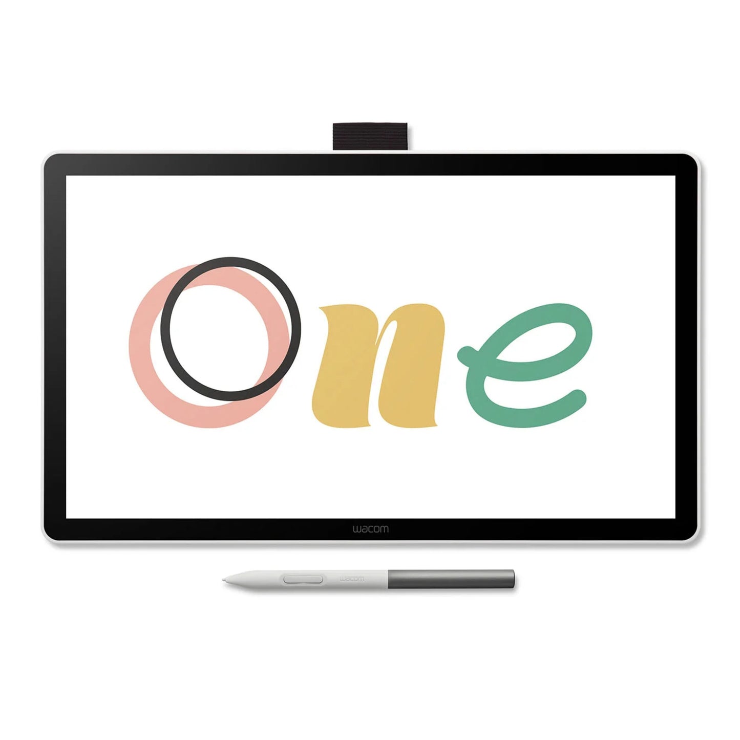 Wacom One 14 tegneskærm m. pen, skærm viser "One" i farvet typografi: O rosa/sort, n gul, e grøn.
