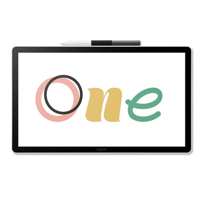 Wacom One 14 tegneskærm med pen, viser "One" i farverige bogstaver på skærmen.