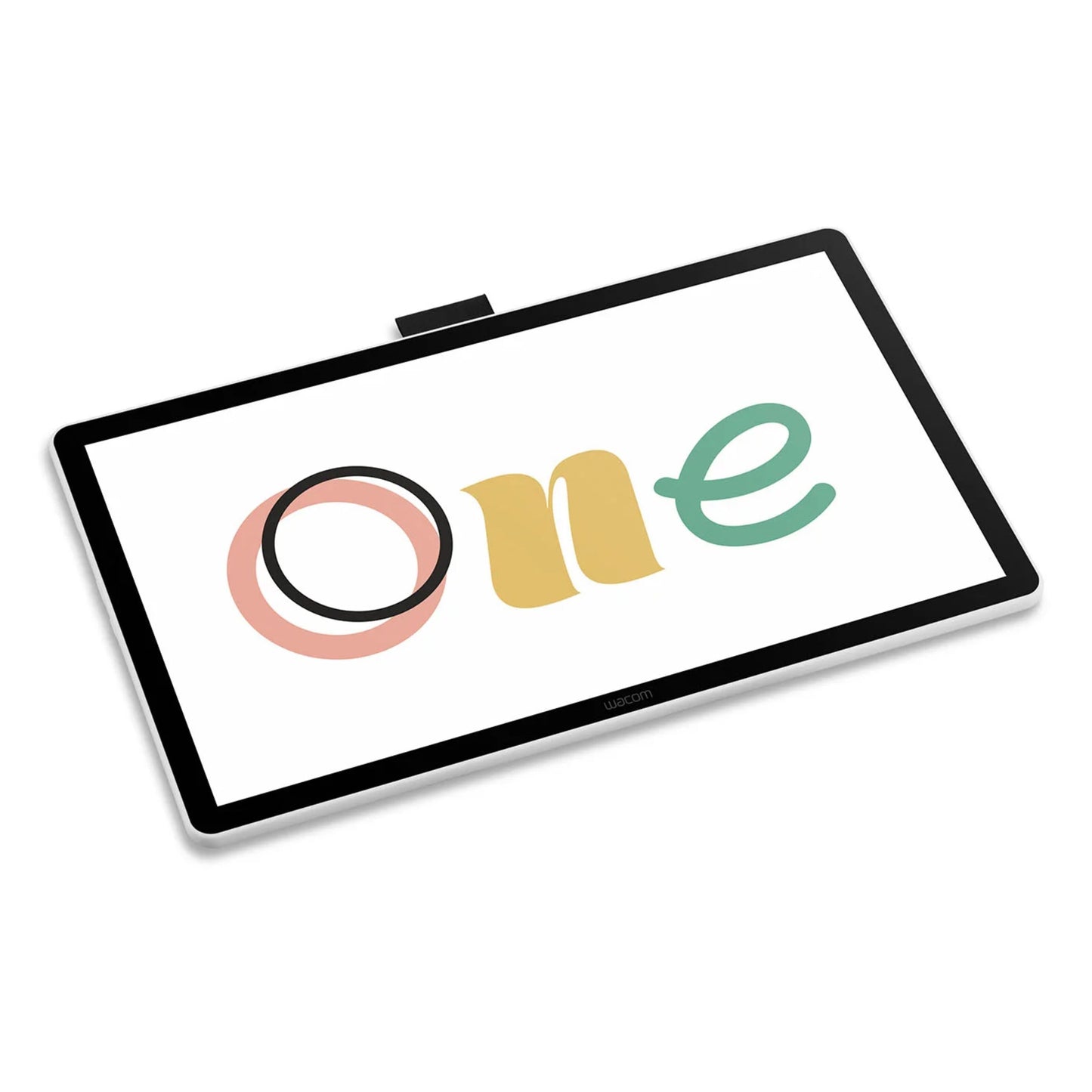 Wacom One 14 Creative Display tegneskærm med pen, sort, fladt design, "One" vises på skærmen.