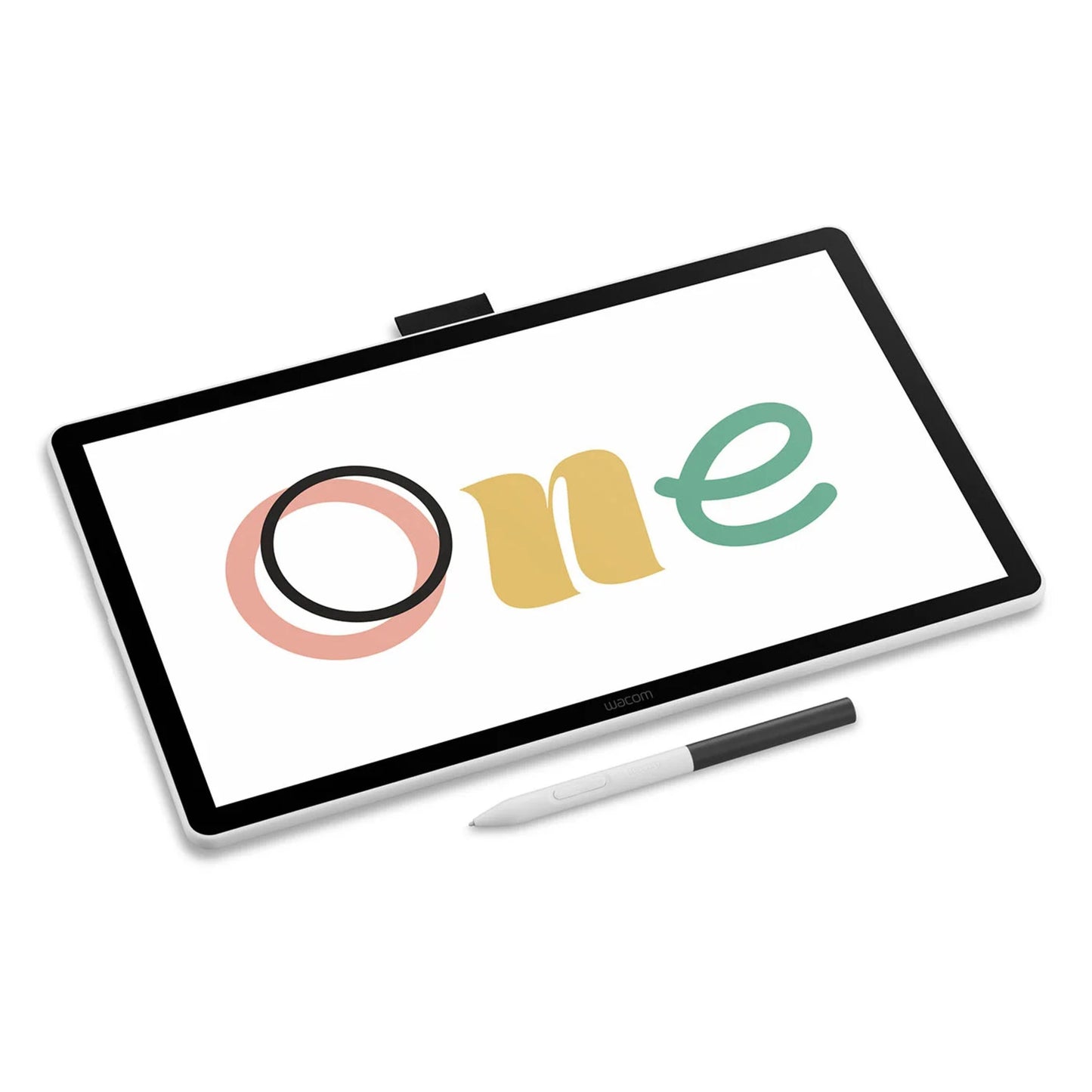 Wacom One 14 tegneskærm med pen, "One" vist på skærmen, hvid stylus foran tabletten.