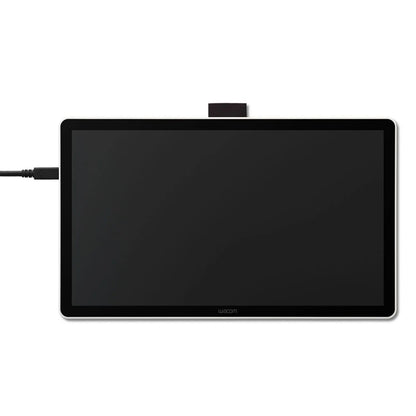 Wacom One 14 tegneskærm sort, stor skærm, kabeltilslutning i venstre side, lille rektangulært element på topkant.