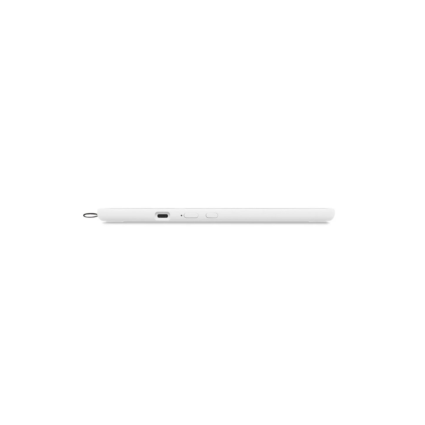 Wacom One 14 tegneskærm hvid, side med lille sensor, til knapper, port og løkke til pen.
