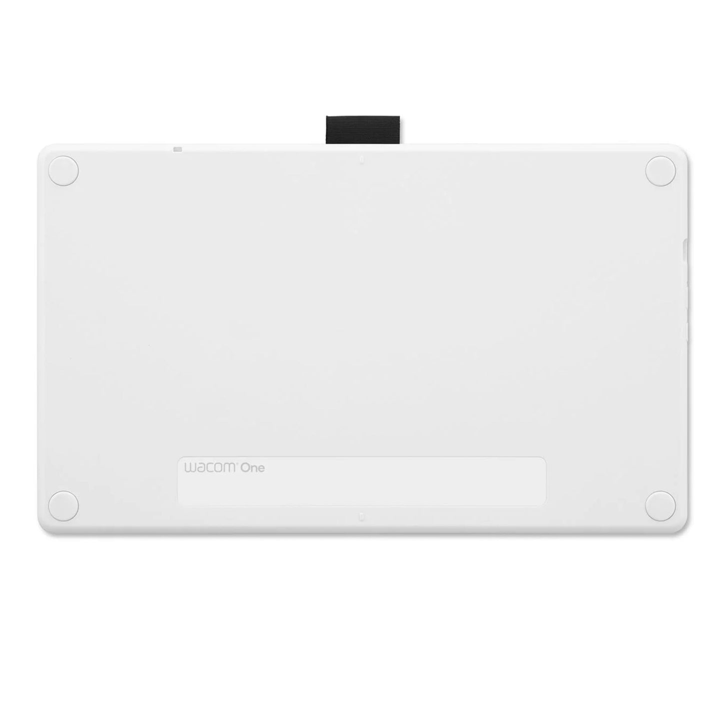 Wacom One 14 tegneskærm, hvid bagside med fire runde gummifødder og sort stofloop øverst.