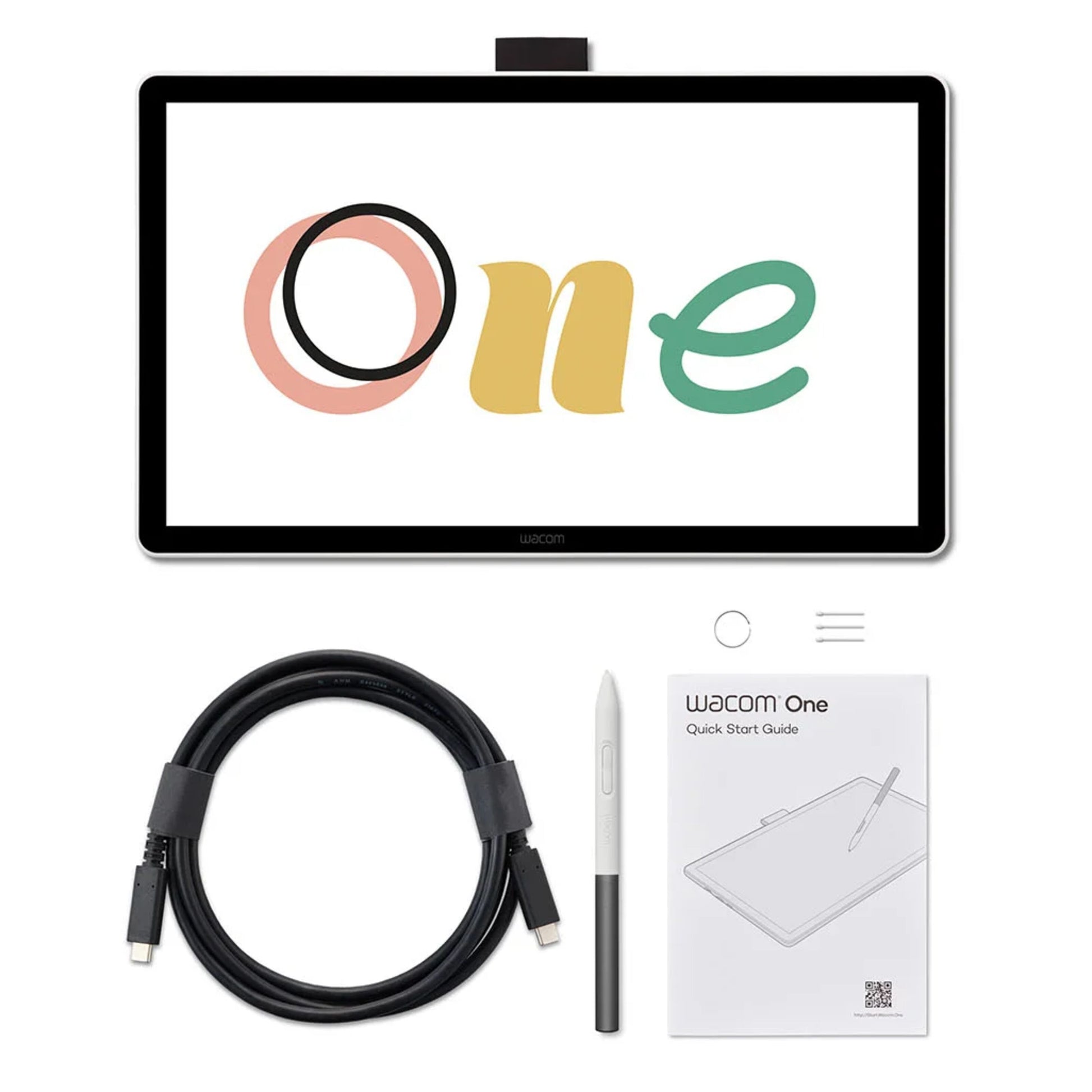 Wacom One 14 Creative Display tegneskærm med pen, sort USB-kabel, hvid stylus og quick start guide.