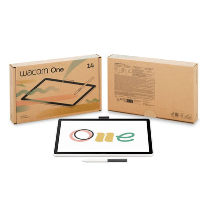 Wacom One 14 Creative Display tegneskærm med pen foran emballagekasser med digital tegning og produktinformation.