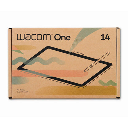 Wacom One 14 Creative Display tegneskærm med pen i brun kasse med illustration af skærm og pen samt farverige abstrakte mønstre.
