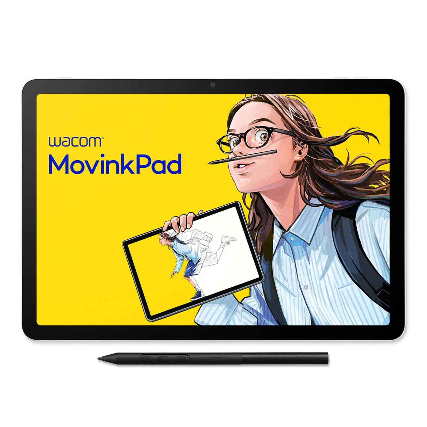 Wacom MovinkPad 11 tegneplade med skærm, illustration af kvinde med briller og rygsæk, styluspen foran.