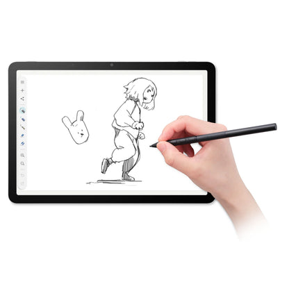 Wacom MovinkPad 11 tegnetablet med skærm, hånd bruger stylus til at tegne kaninansigt og figur.