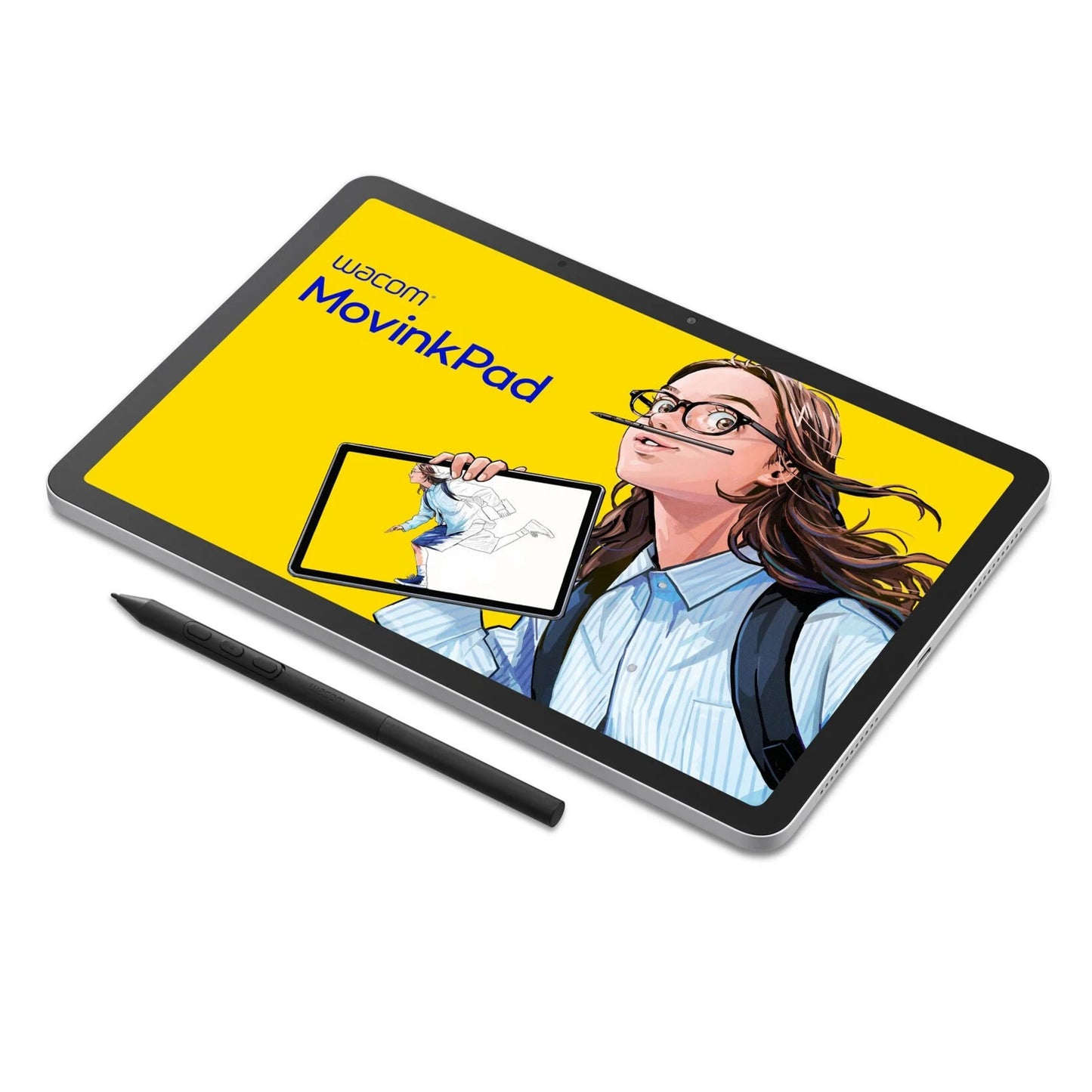 Wacom MovinkPad 11 tegneplade med skærm, digital illustration af kvinde med briller og rygsæk på gul baggrund.